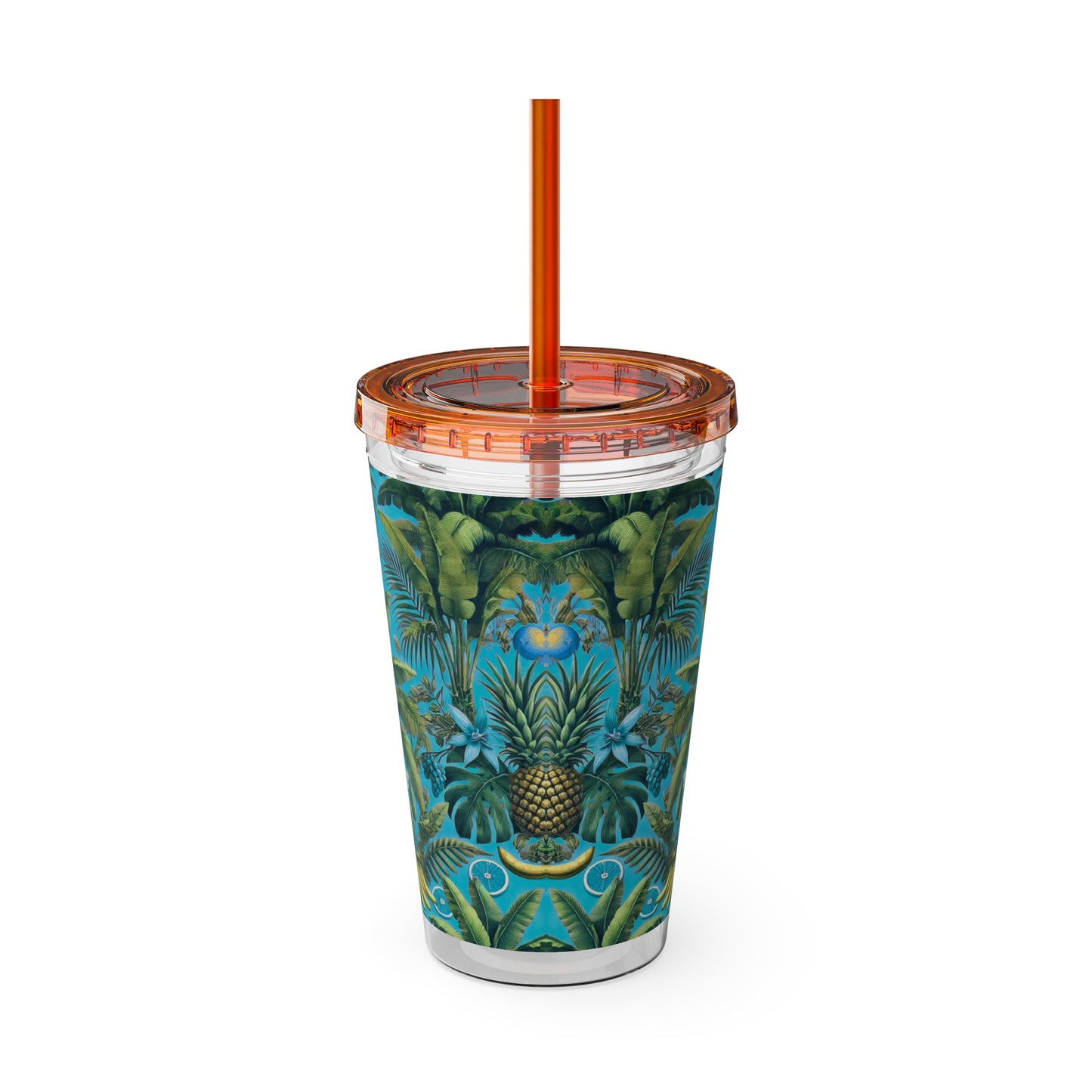 Tropical Tumbler with Straw | 16oz Colorful Travel Cup / More Tropical Fruit, Aqua Blue