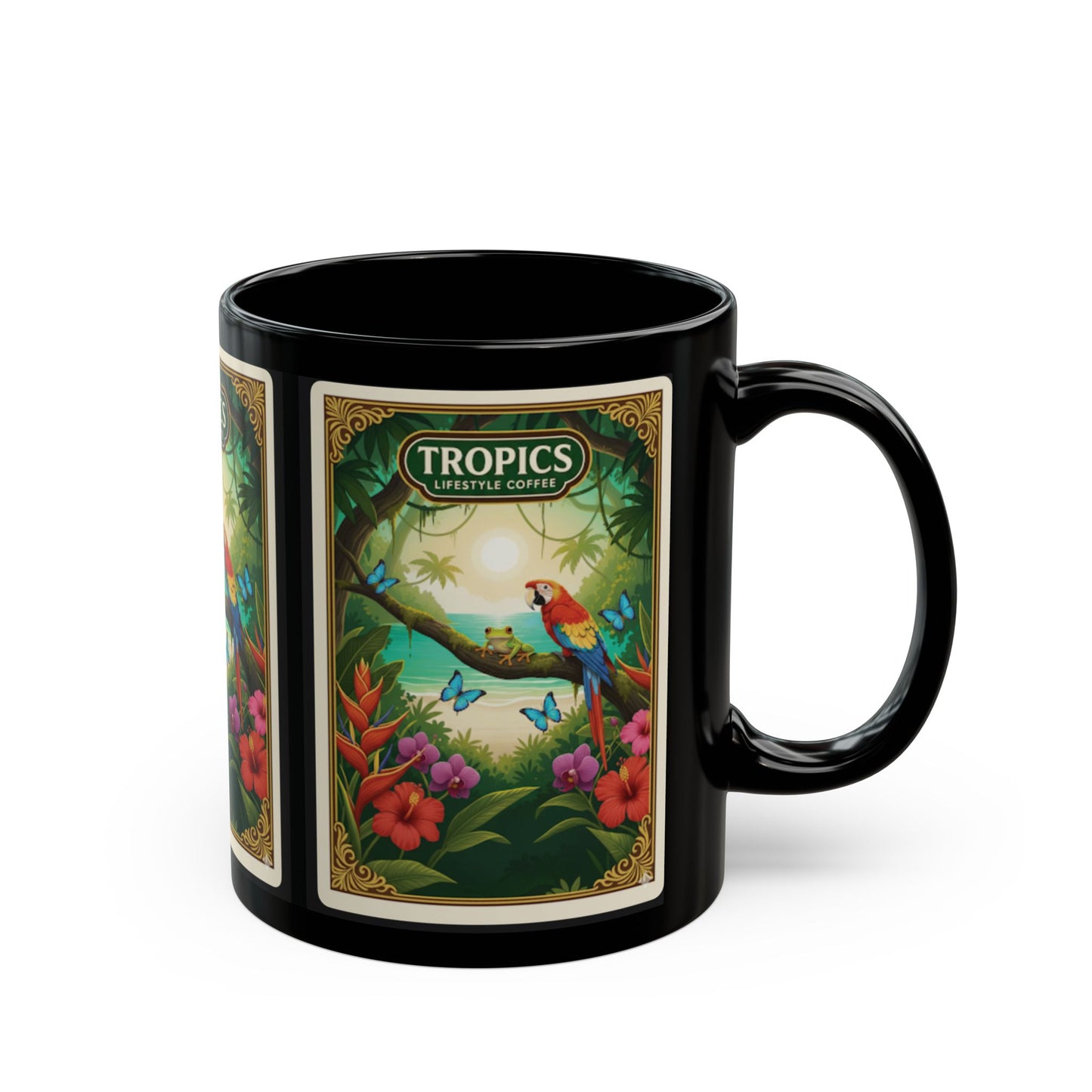 Black Coffee Mug - Parrot at Beach Poster /TLCoffee Logo