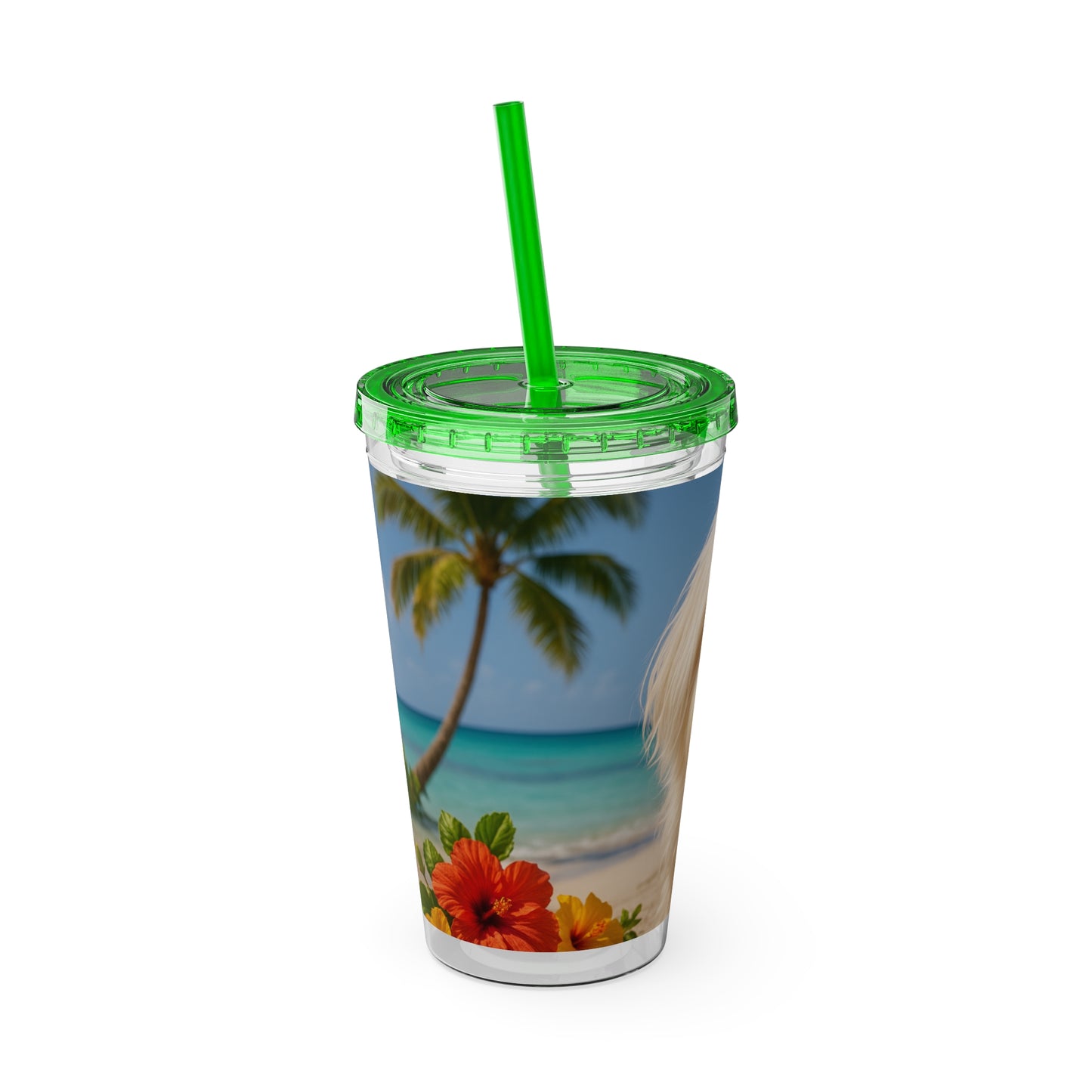 Tropical Tumbler with Straw | 16oz Colorful Travel Cup / Puppy Ariel at the Beach