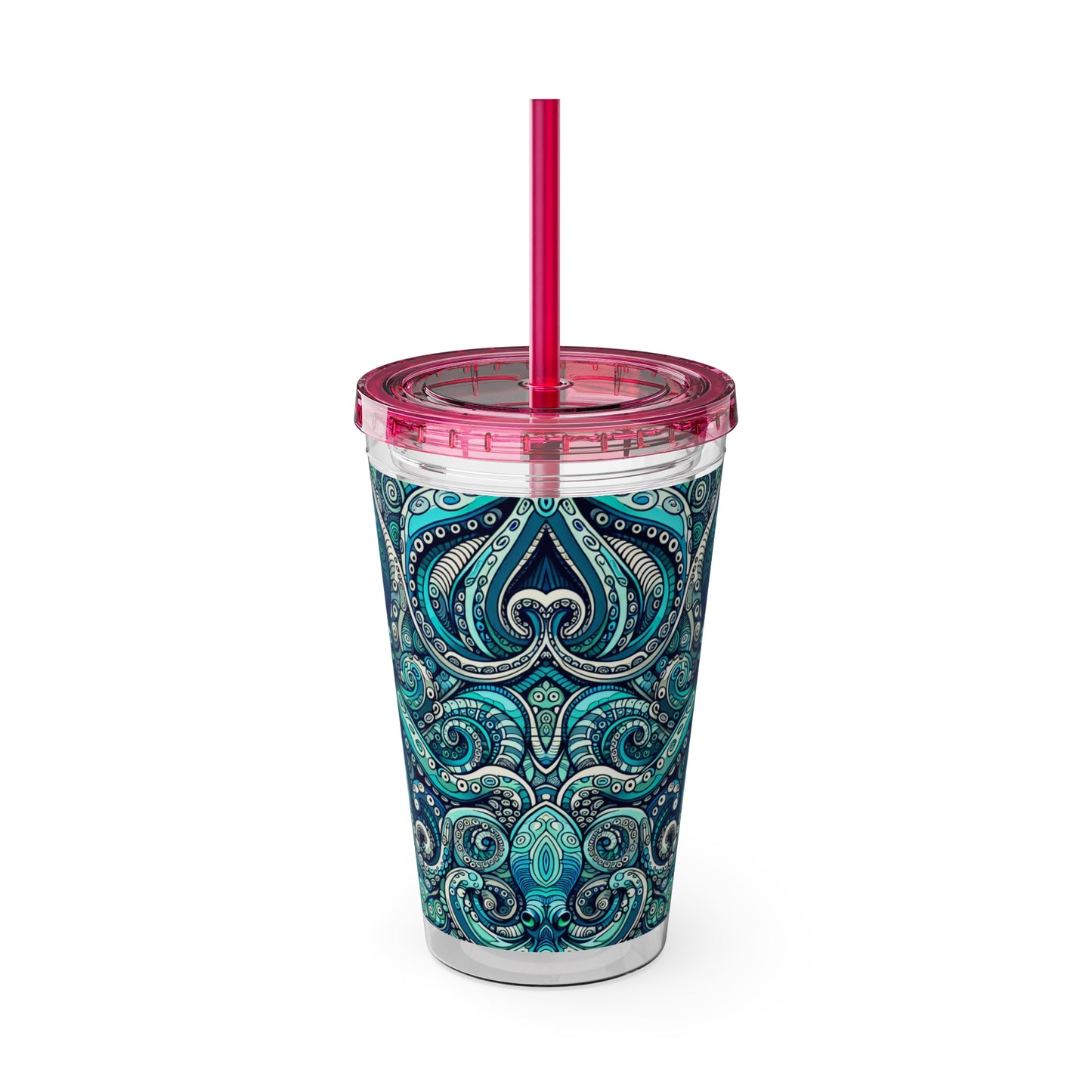 Tropical Tumbler with Straw | 16oz Colorful Travel Cup / Aqua Octopus