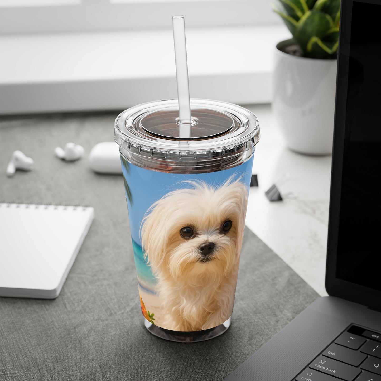 Tropical Tumbler with Straw | 16oz Colorful Travel Cup / Puppy Ariel at the Beach