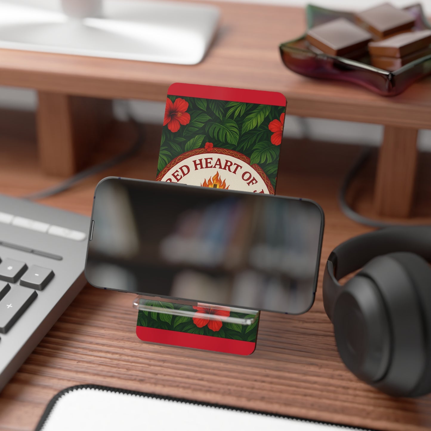 Religious Smartphone Display Stand with Sacred Heart of Jesus Prayer, Dark Red