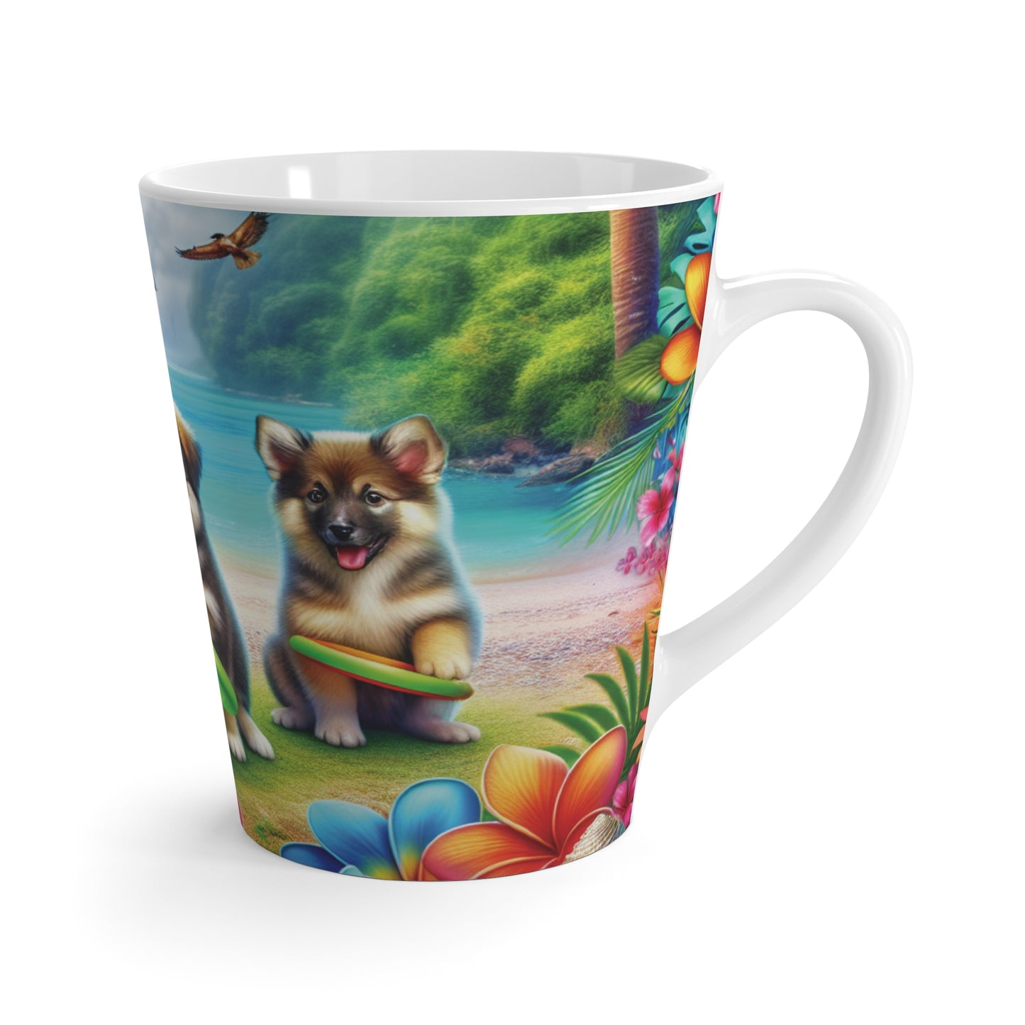 Latte White Mug - Puppies Playing Frisbee at Beach