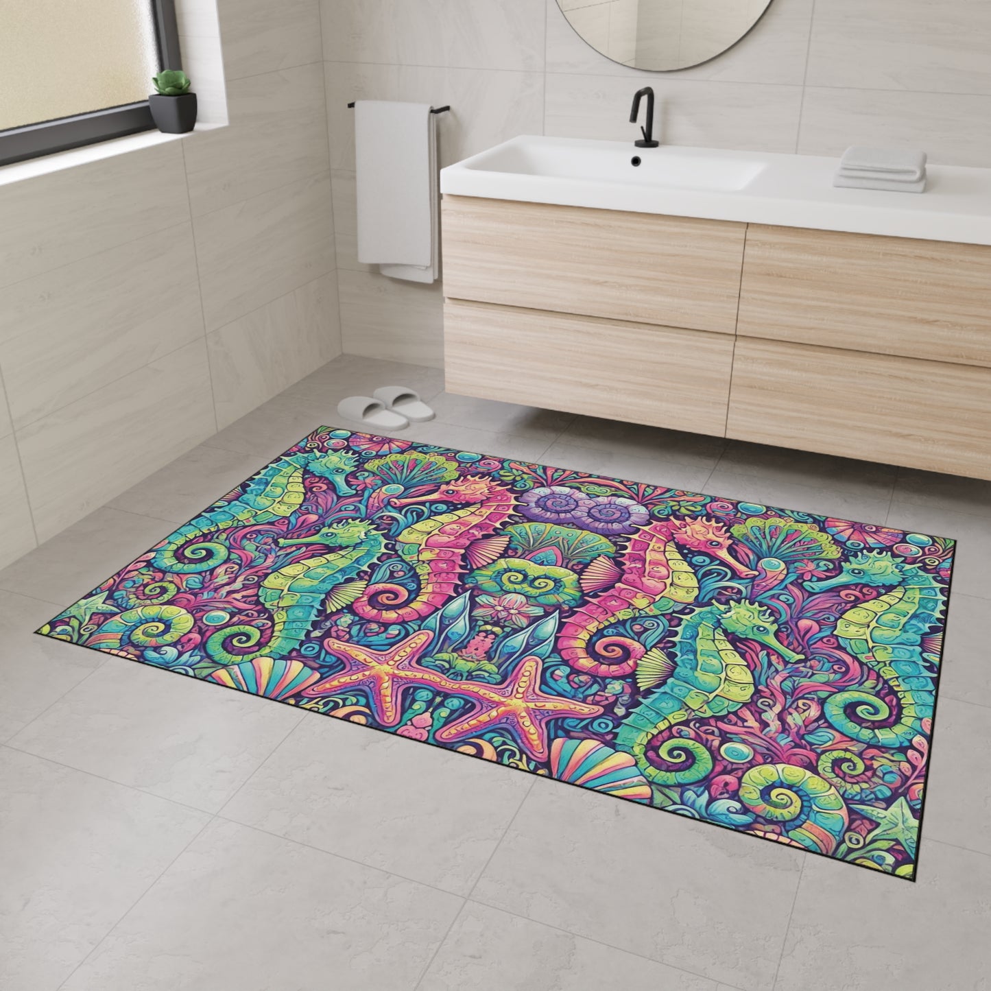 Heavy Duty Floor Mat, 5 Sizes – Tropical Area Rug for Home Décor / Seahorses