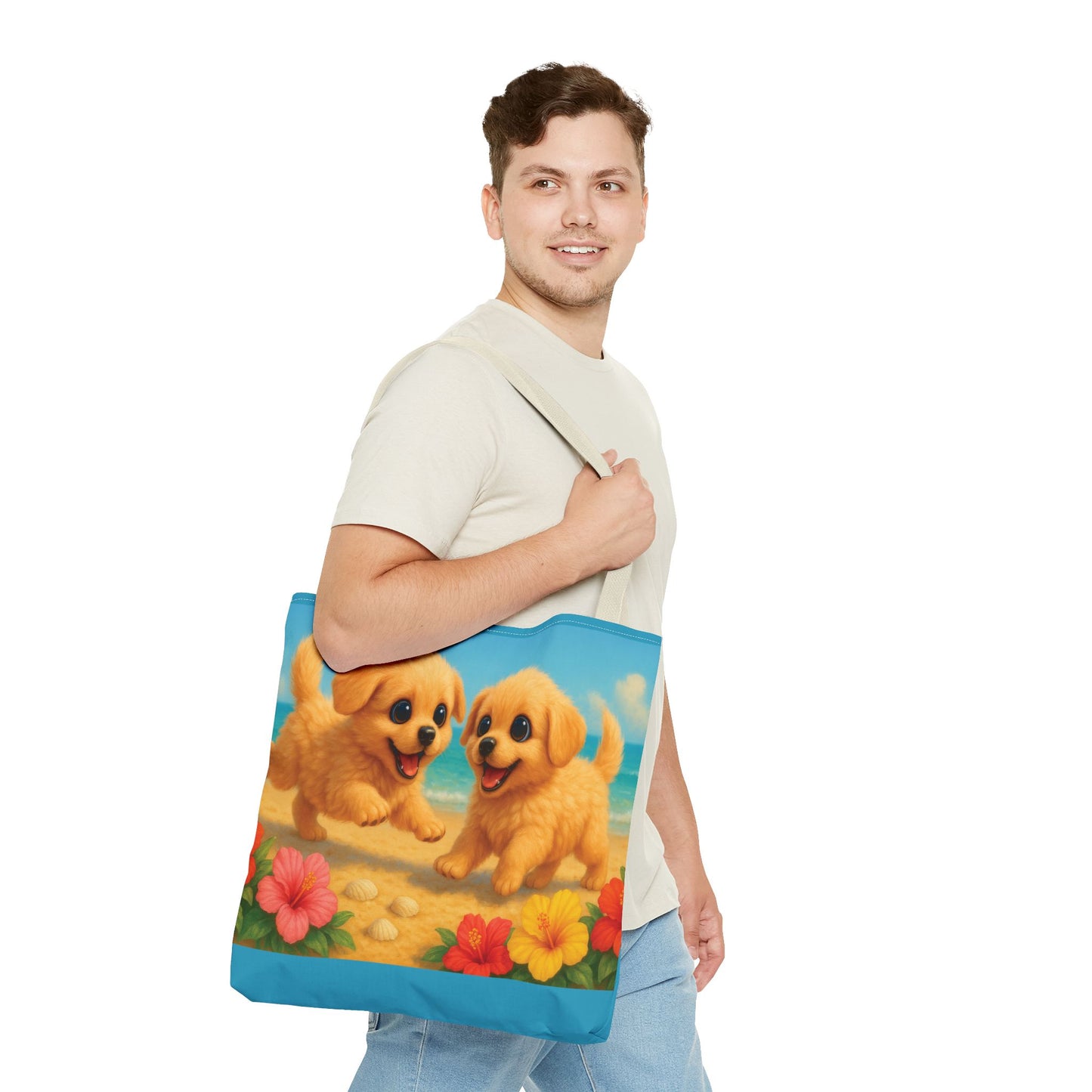 Two Puppies on Beach Tote Bag - 3 Sizes