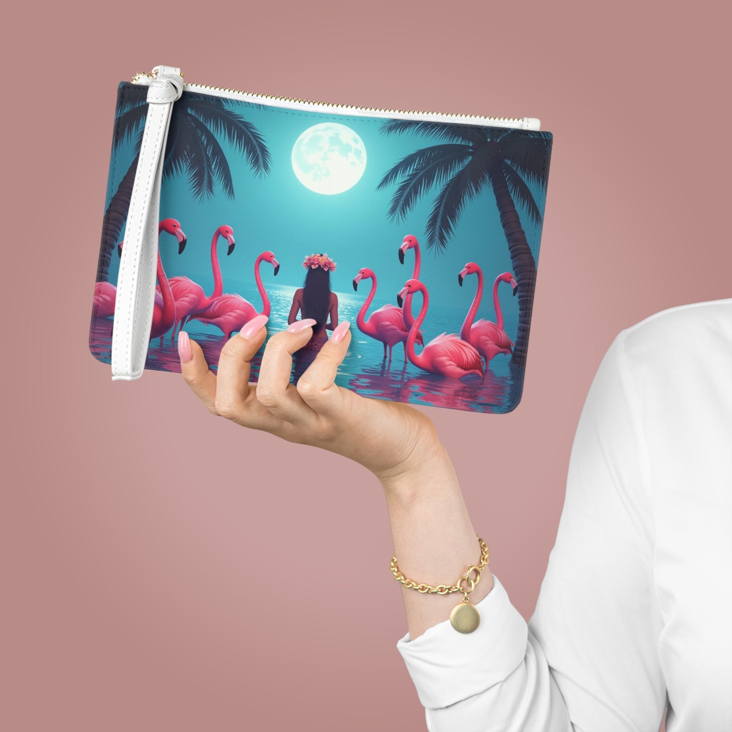 Tropical Faux Leather Clutch Bag - Perfect for Beach Adventures & Summer Vacations / Moonlit Mermaid and Flamingos