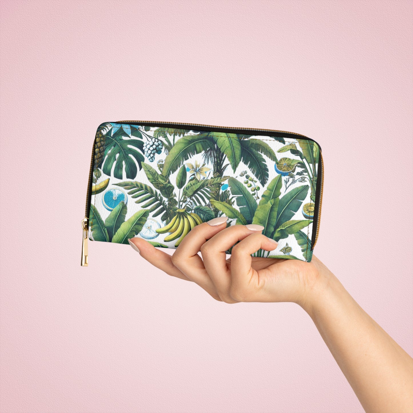 Tropical Zipper Wallet, Faux Leather / Vibrant Clutch / More Tropical Fruit, White