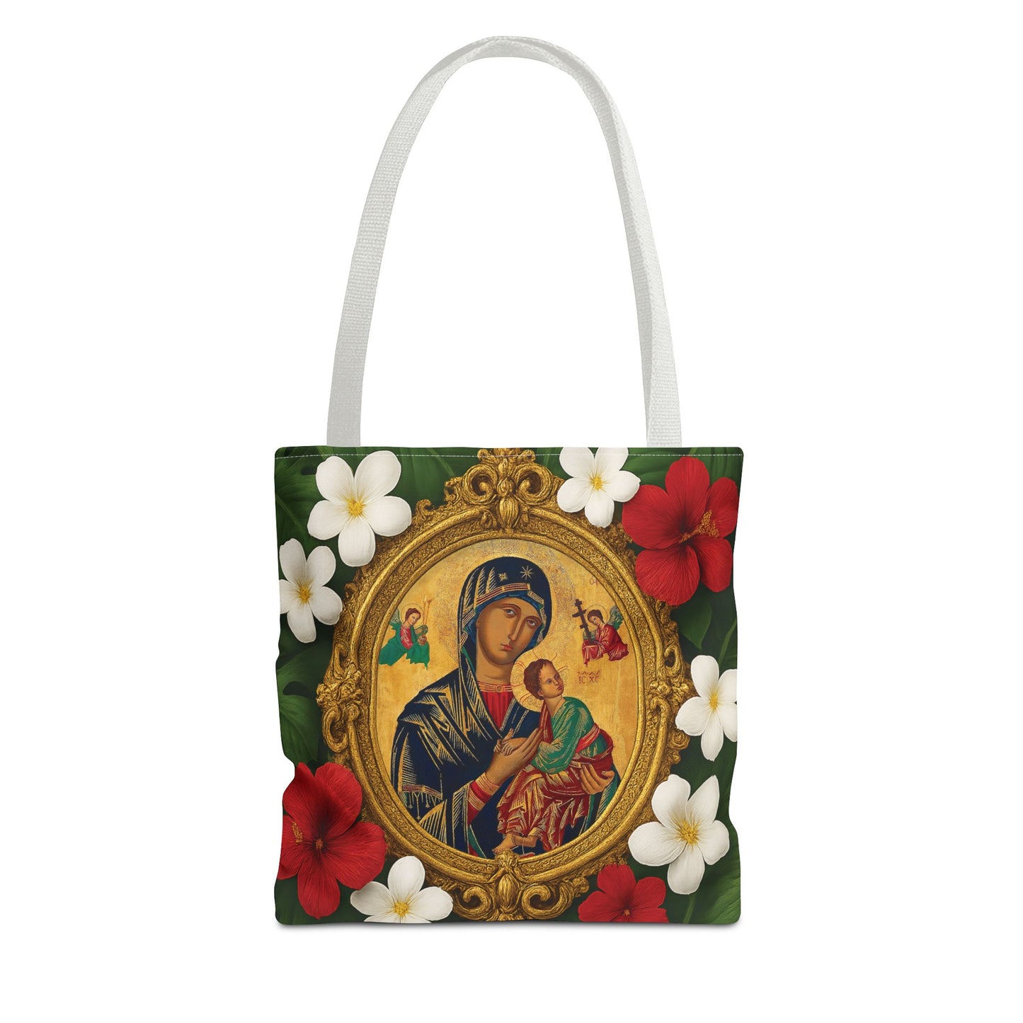 Religious Art Polyester Tote Bag, 3 Sizes / Our Lady of Perpetual Help, Red Flowers