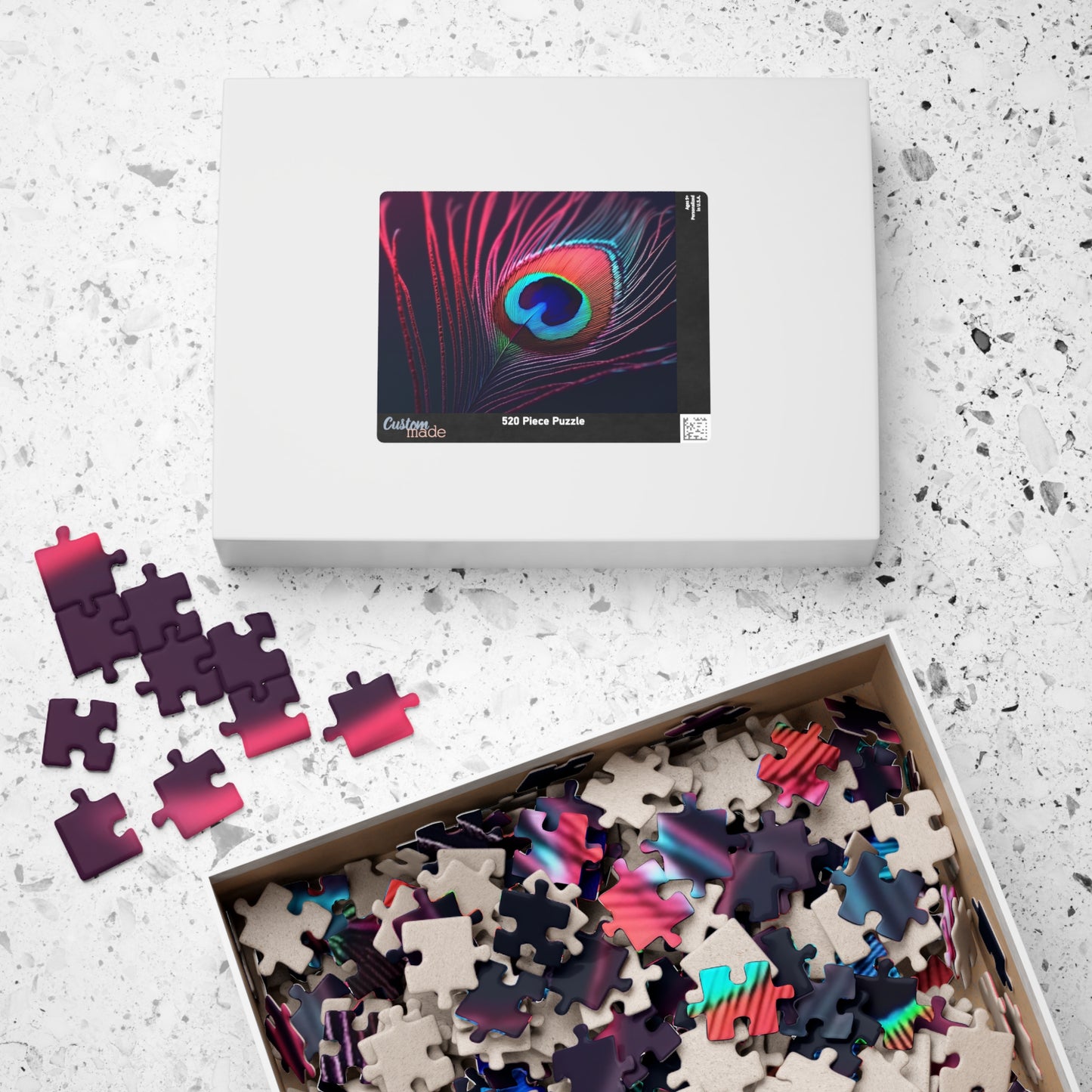 Peacock Eye Feather, Magenta / Tropical Puzzle, 4 Sizes - Relaxing Jigsaw for Island Vibes