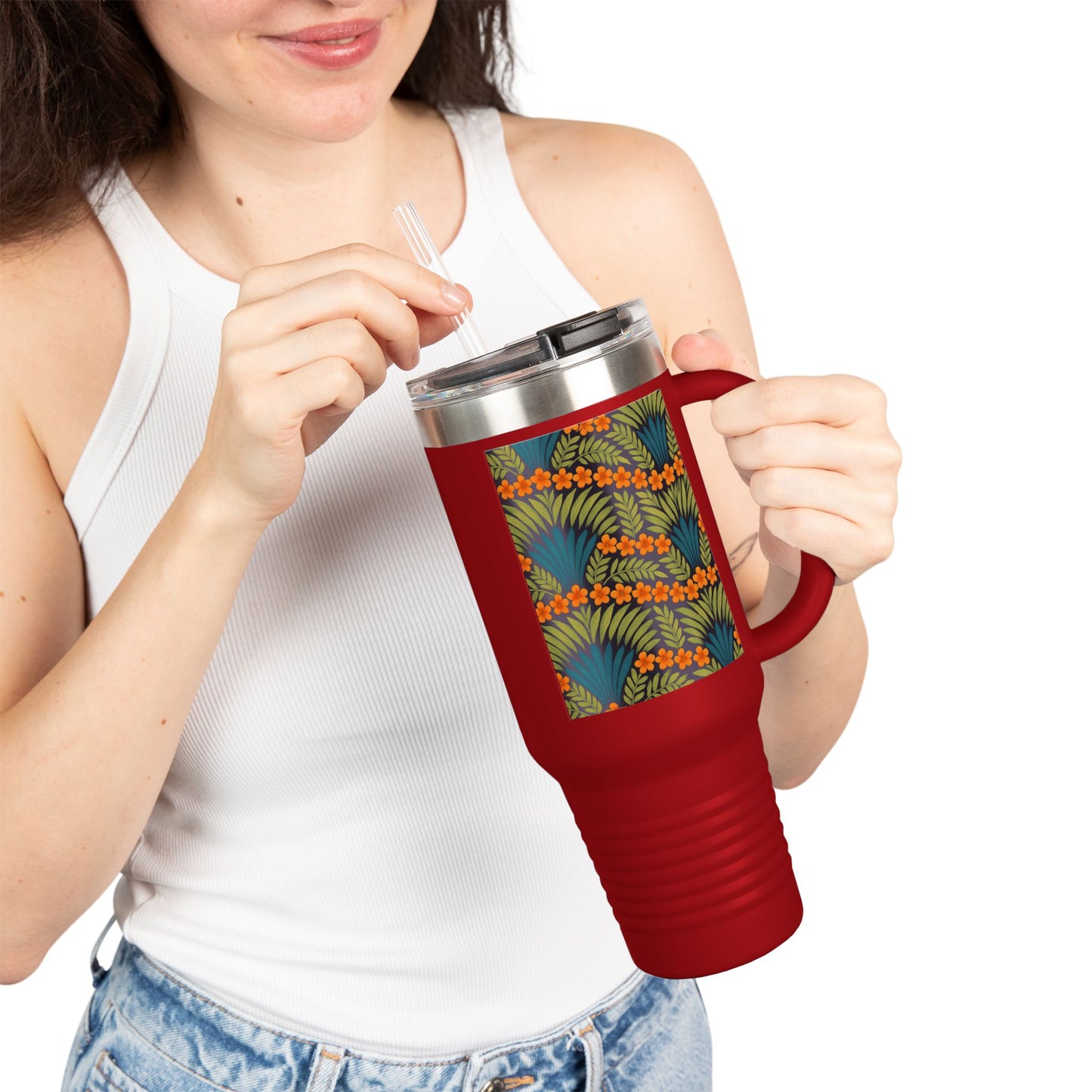 Insulated Travel Mug, 40oz / Hibiscus Fan Dance, Orange - Perfect for Outdoor Adventures