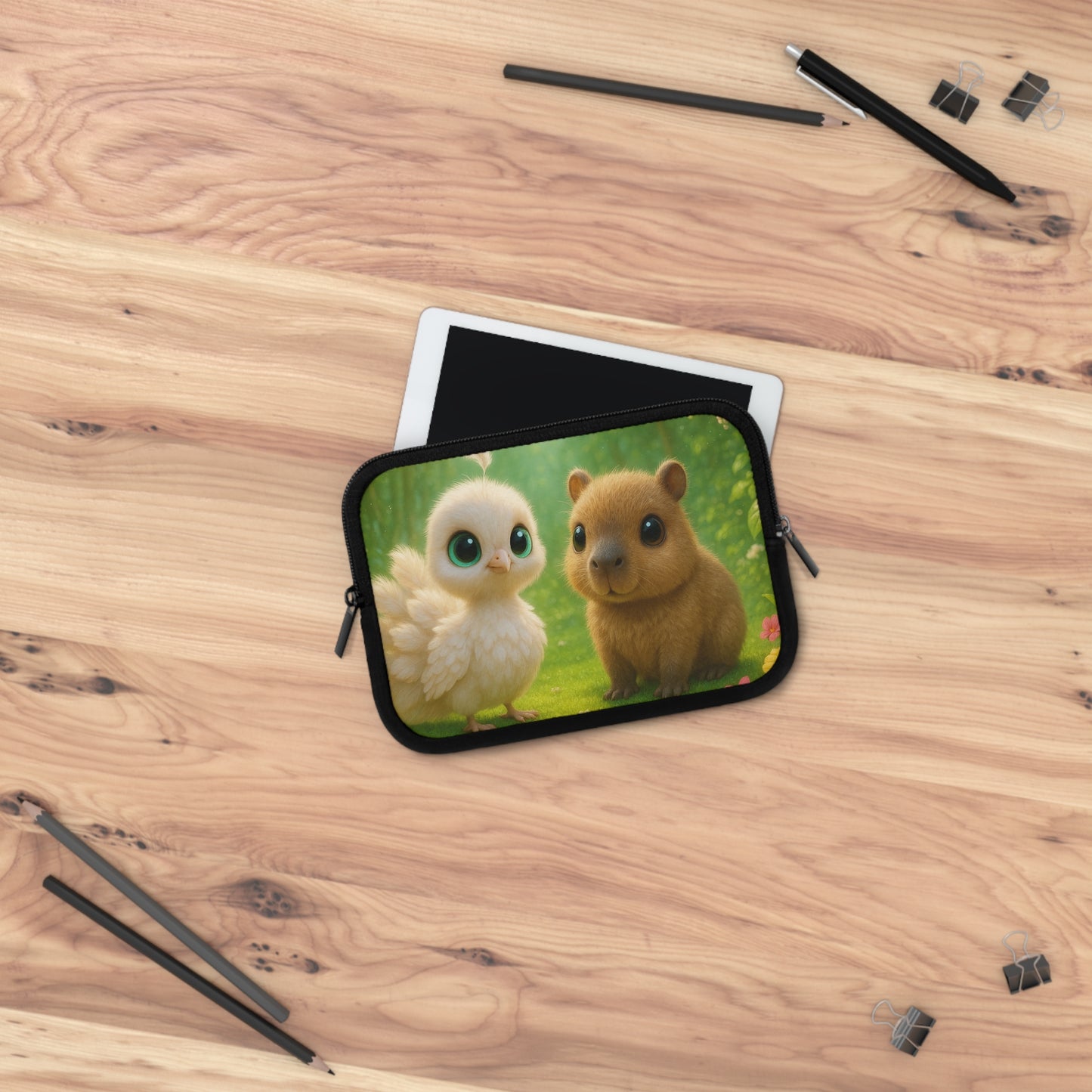 Tropical Laptop Sleeve, 5 Sizes - Perfect for Beach Lovers & Students / Baby White Peacock and Baby Capybara