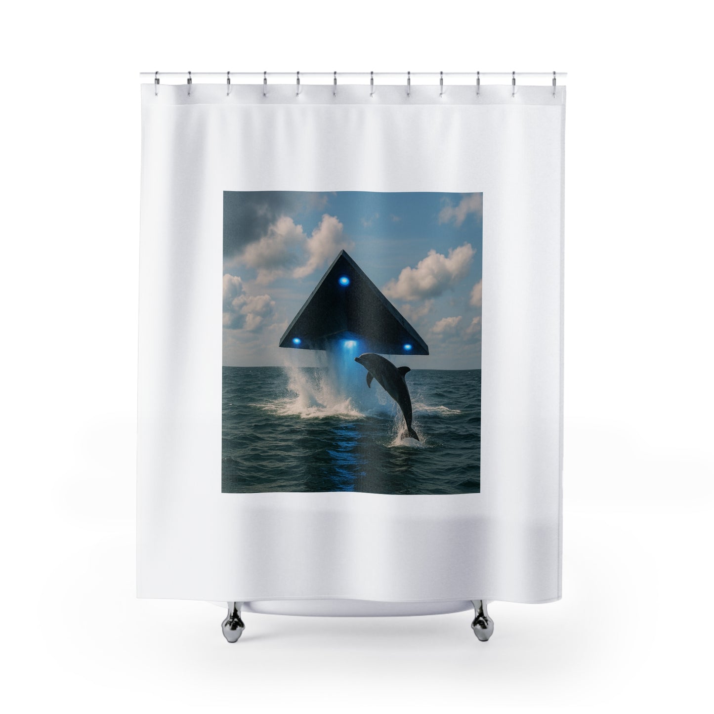 Tropical Shower Curtain - UFO and Dolphin, White / Ocean Decor