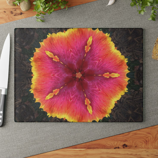 Glass Cutting Board, 2 sizes -Hibiscus Kaleidoscope #1