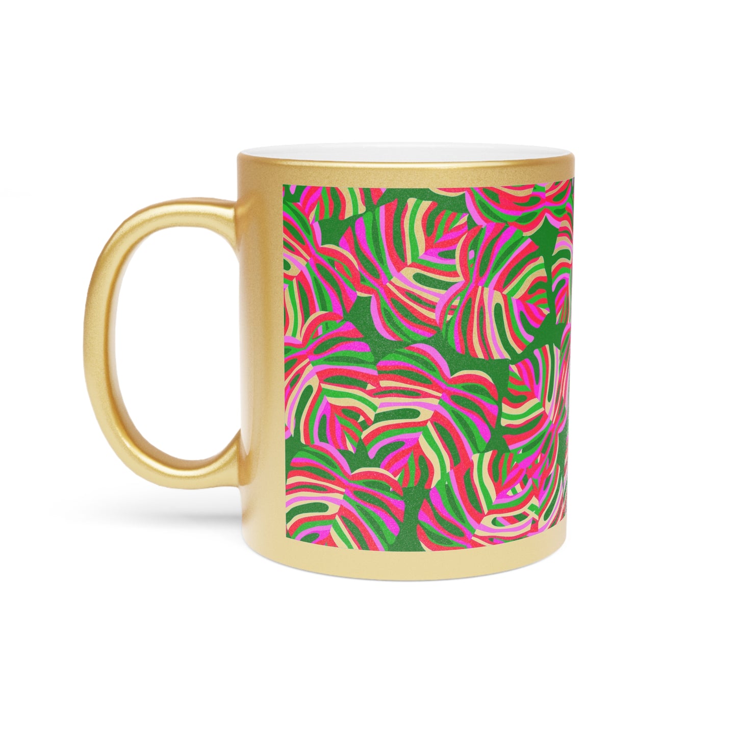 Tropical Metallic Mug, Gold or Silver - Monstera Pink Pop