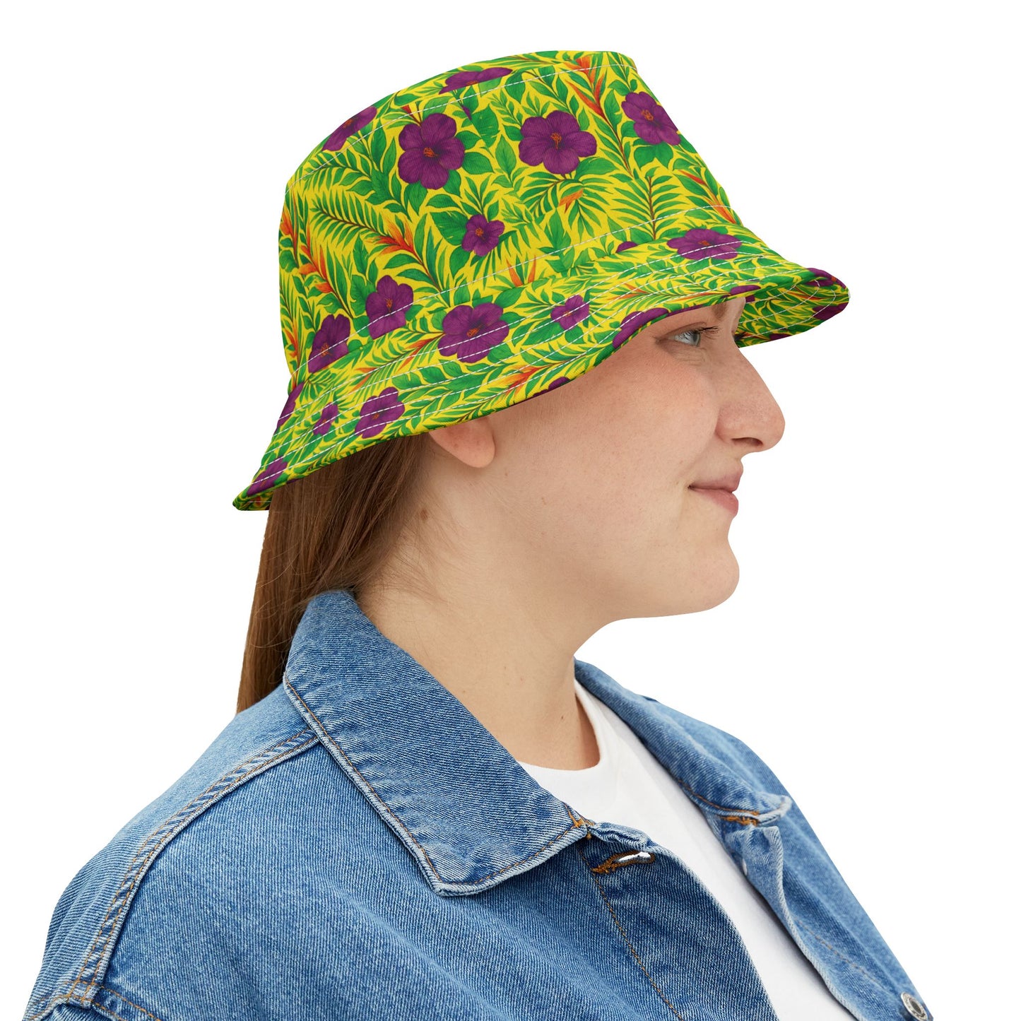 Tropical Polyester Bucket Hat, 2 Sizes - Midnight Flower Yellow