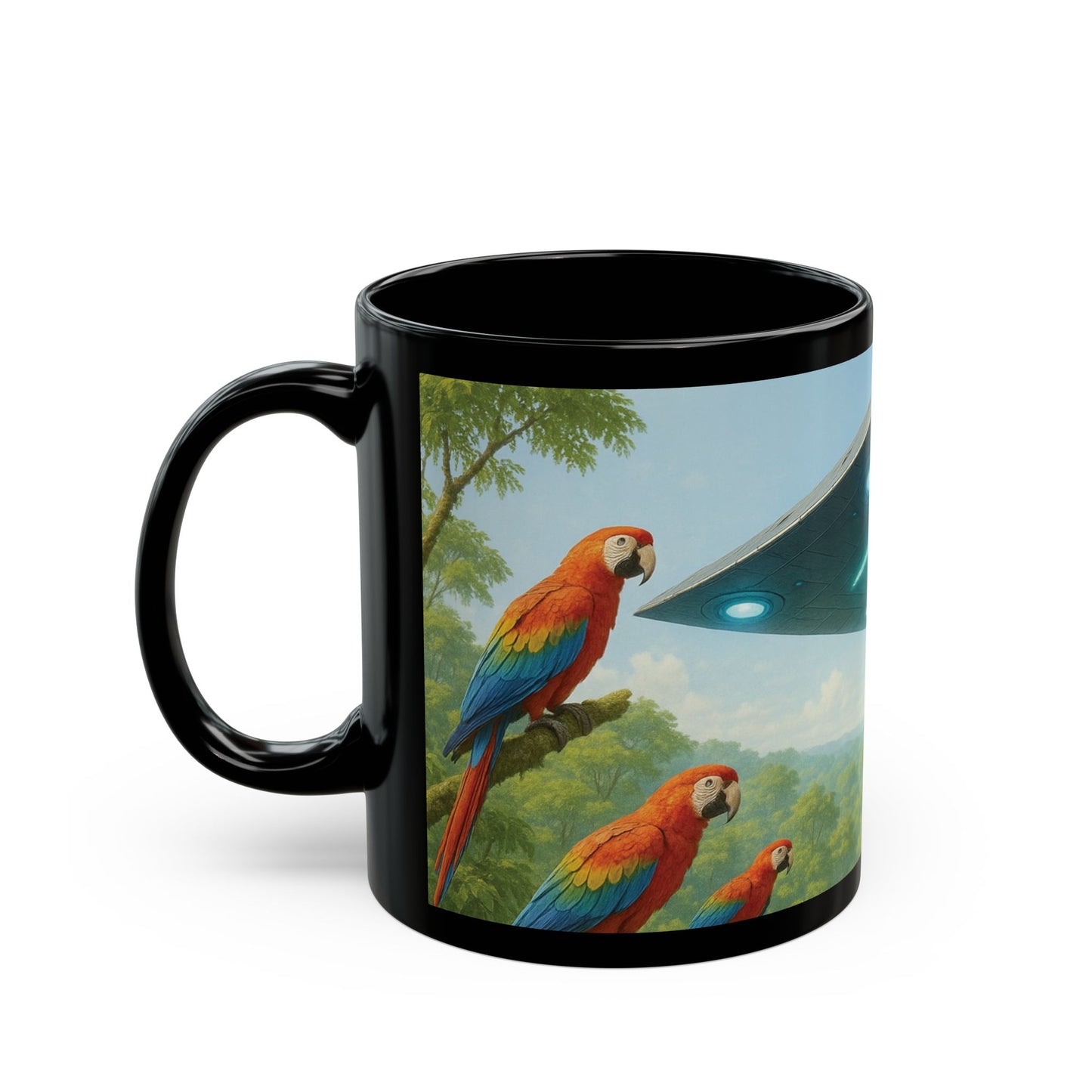 Black Coffee Mug - UFO and Macaws, Full View