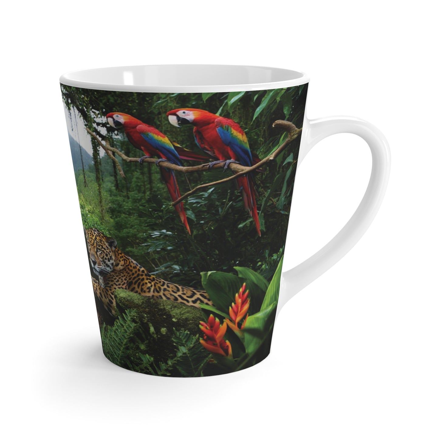 Latte White Mug - Jaguars and Parrots