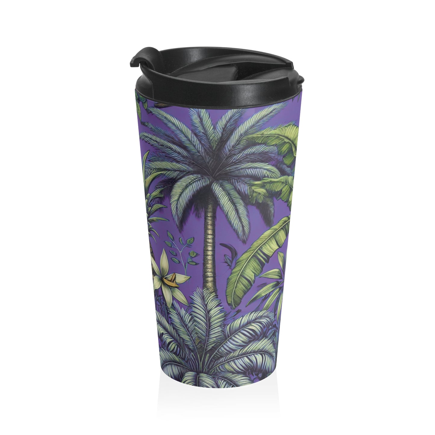 15 oz. Stainless Steel Travel Mug / Palms & More Tropical Fruit, Purple