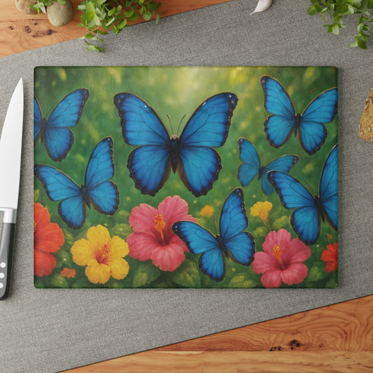 Glass Cutting Board, 2 sizes - Morpho Butterfly Flight
