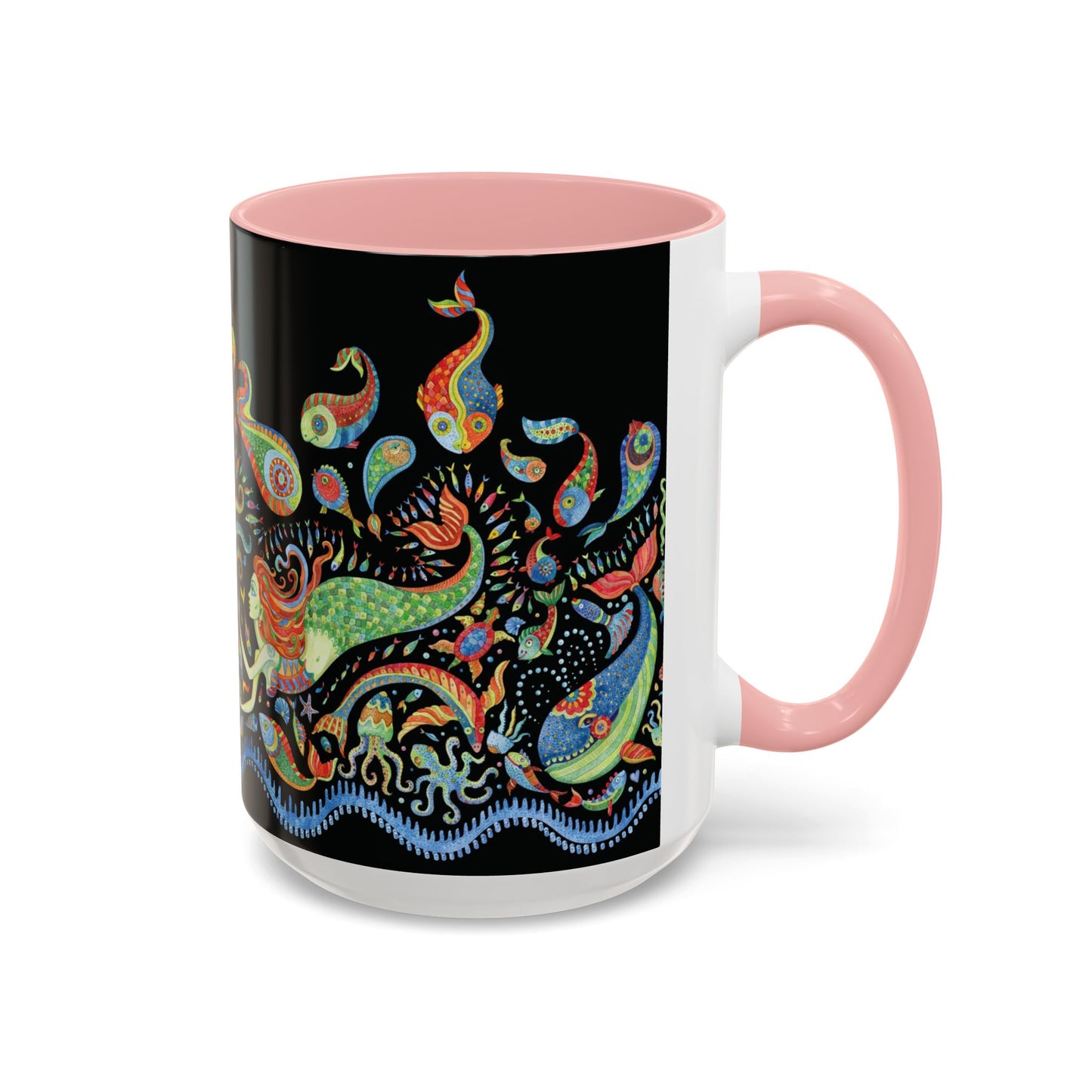 Mermaid Kingdom/Black, Coffee Mug, 8 Colors - Fun Tropical Drinkware for Beach Vibes