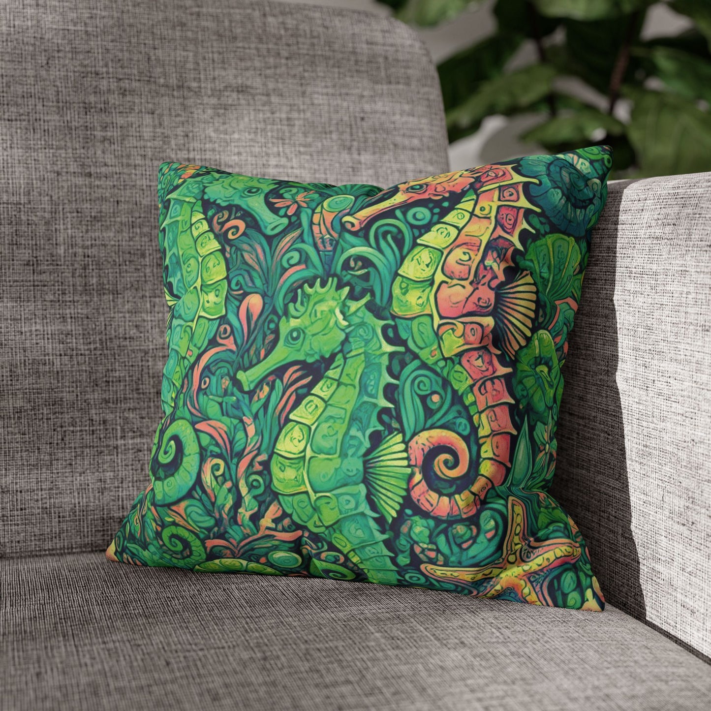 Faux Suede Square Pillowcase - Seahorse Trio/Hot Lime