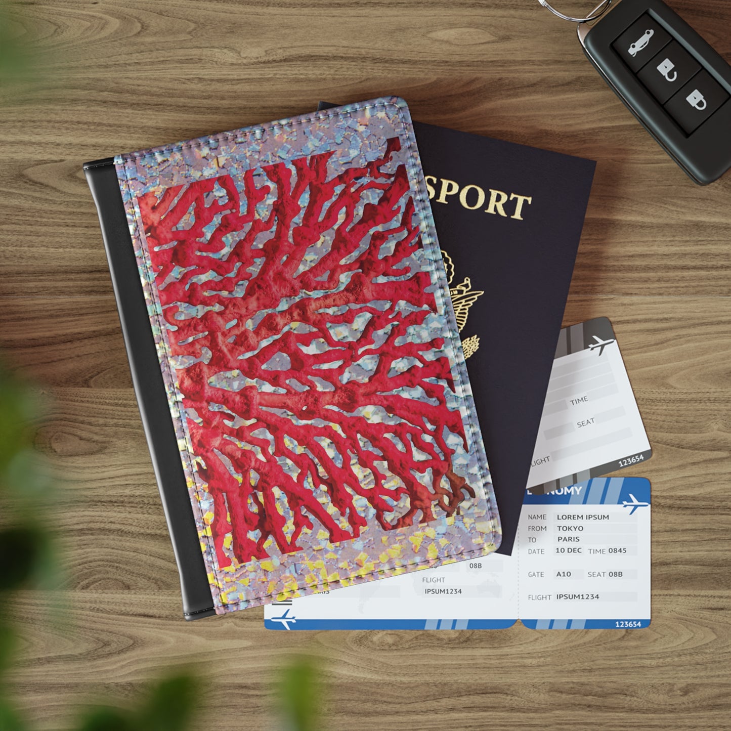 Tropical Passport Cover, Faux Leather - RFID blocking for travel security / Disco Red Coral