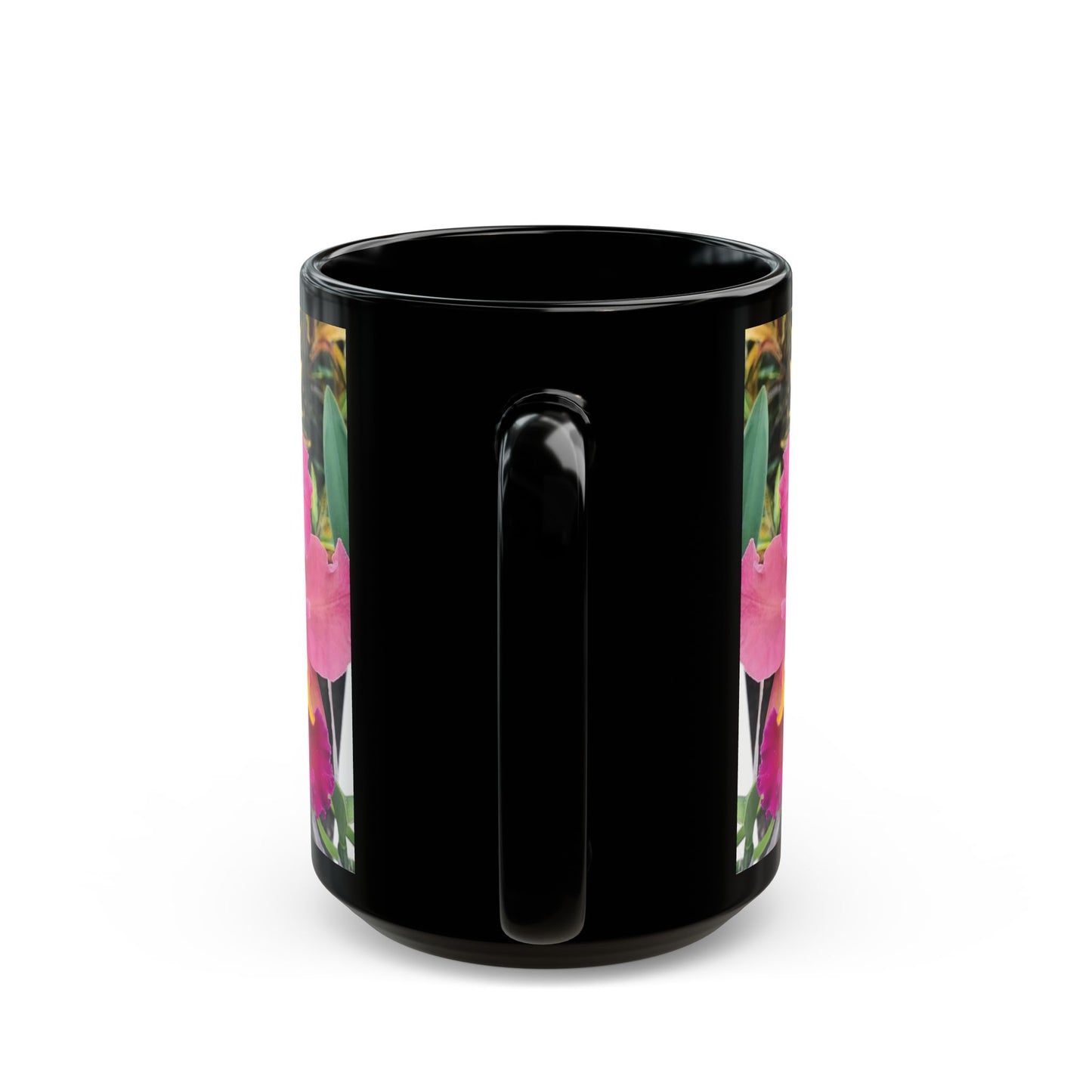 Black Coffee Mug - Triple Pink Orchids