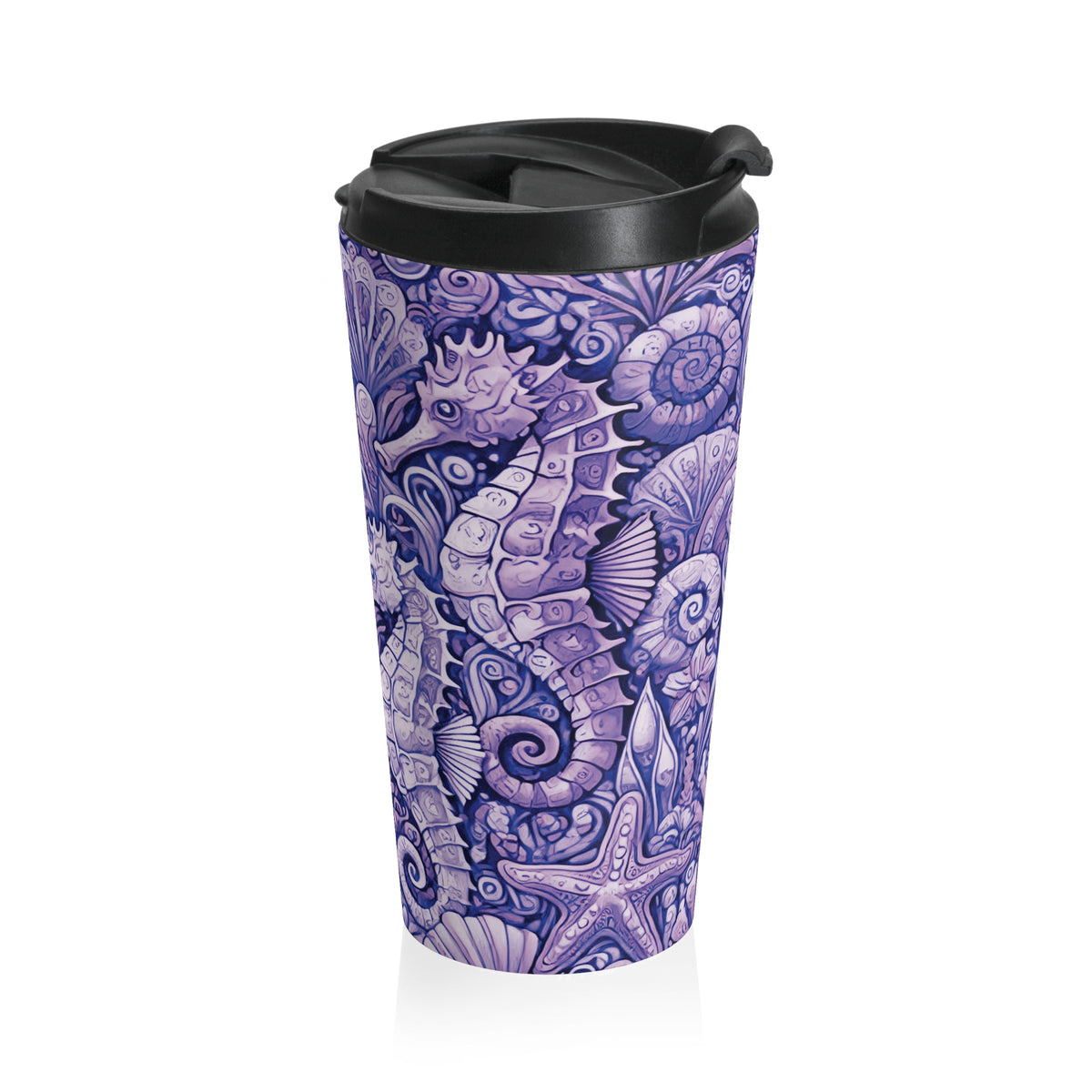 15 oz. Stainless Steel Travel Mug / Seahorse Trio Amethyst Purple