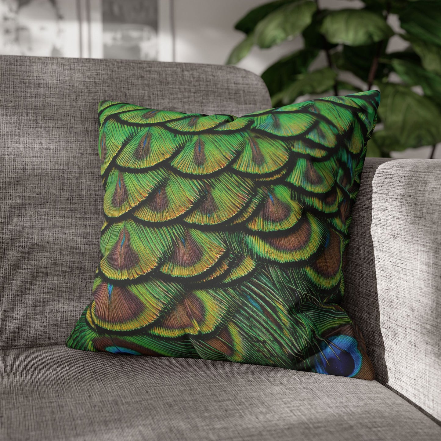 Faux Suede Square Pillowcase - Majestic Green Peacock Feathers