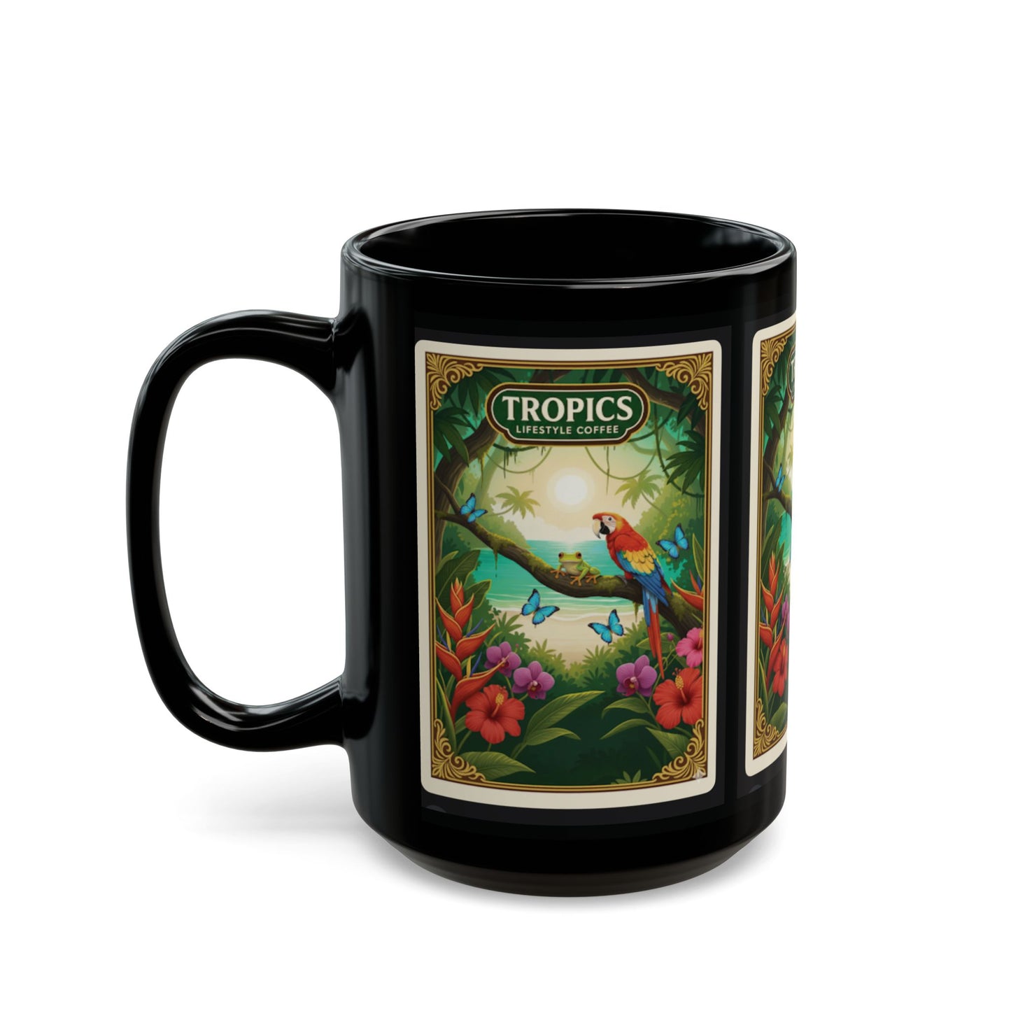 Black Coffee Mug - Parrot at Beach Poster /TLCoffee Logo