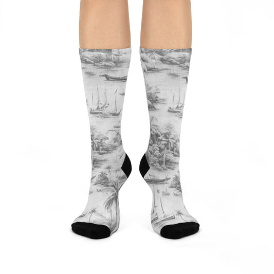 Cushioned Crew Socks - Tropical Toile, Soft Black