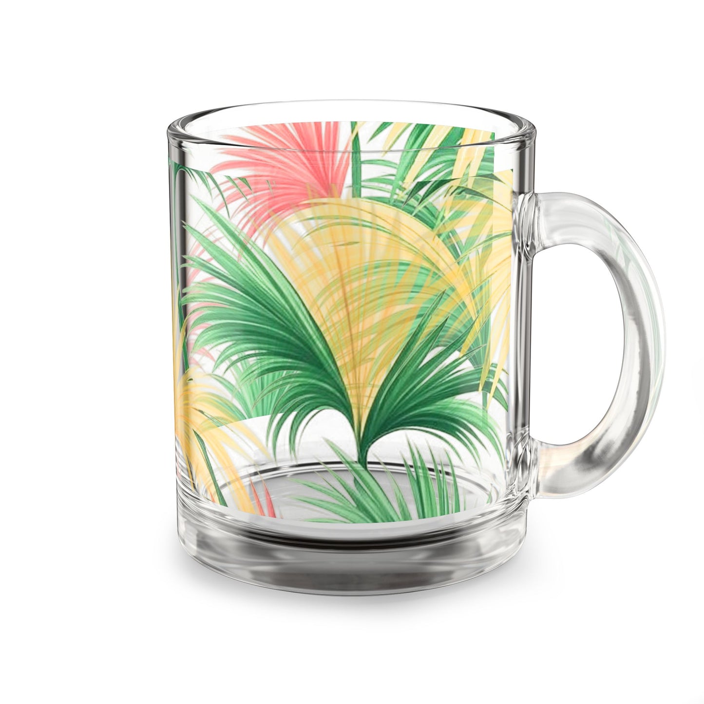 Tropical Glass Mug - 10oz Coffee Cup / Tri-Color Bright Palms