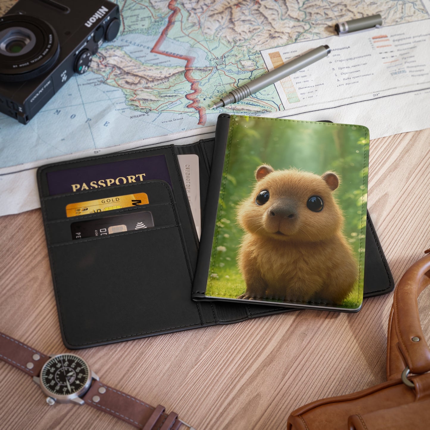 Tropical Passport Cover, Faux Leather - RFID blocking for travel security / Rainforest Baby Capybara