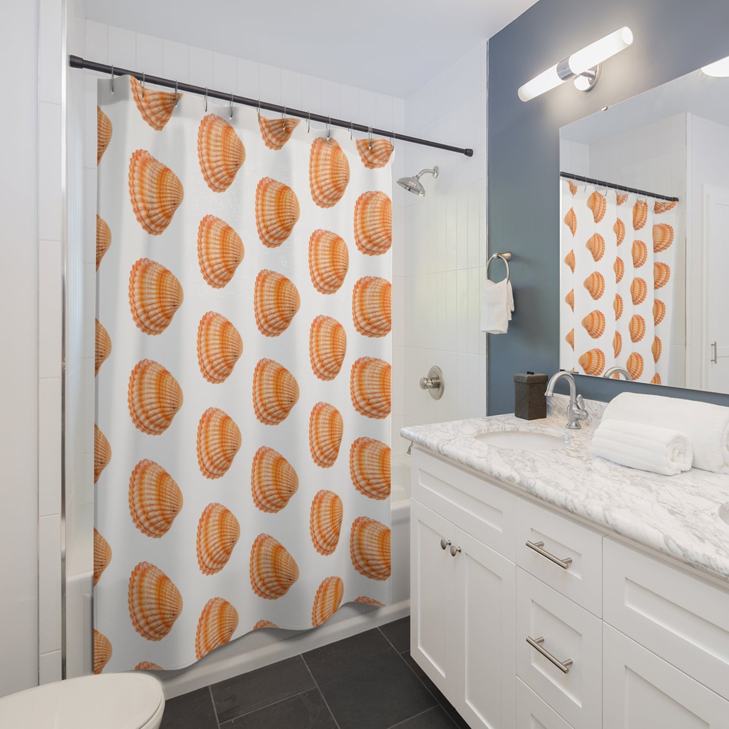 Tropical Shower Curtain - Ocean Bathroom Decor / Orange Scallop Shell