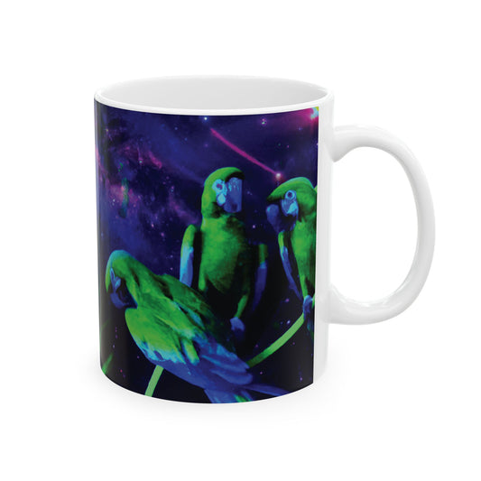 Ceramic White Mug - 11oz & 15oz, Galactic Parrot, 2 Sides