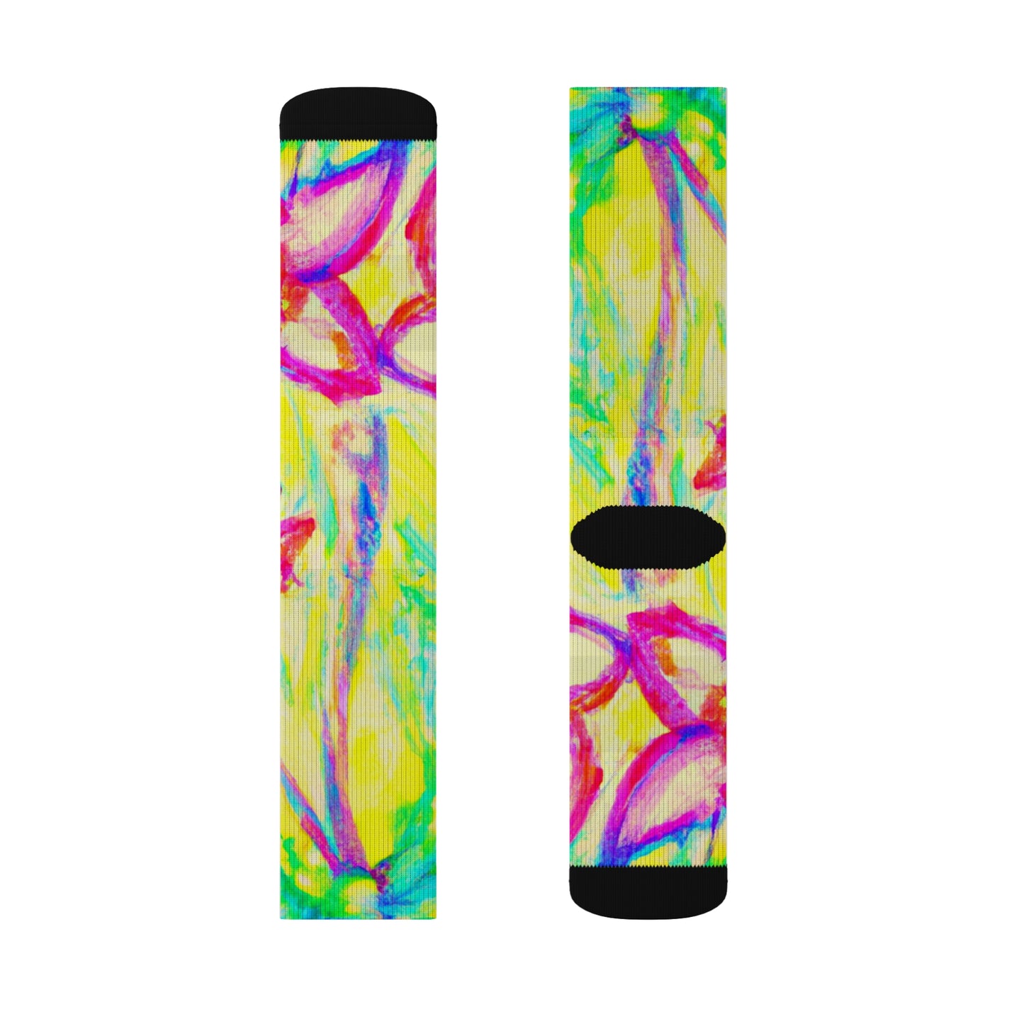 Yellow Tropical Doodles Sublimation Fleece-Lined Socks - Colorful Palm Tree/Flower Design