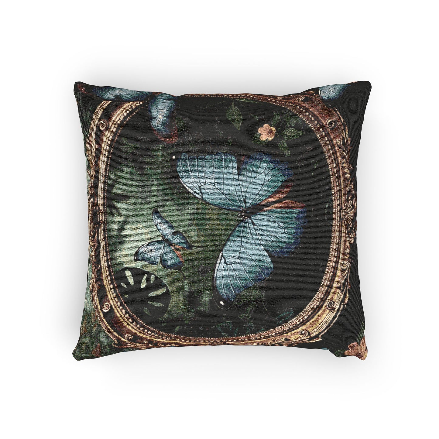 Woven Pillow, 17"W x 18"L - Framed Morpho Butterfly Dancers