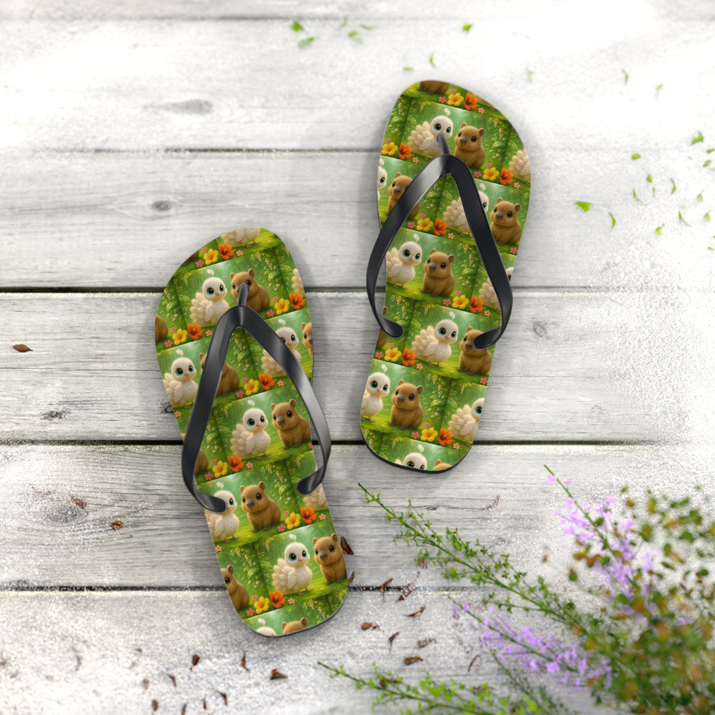 Flip Flops - Baby White Peacock and Baby Capybara