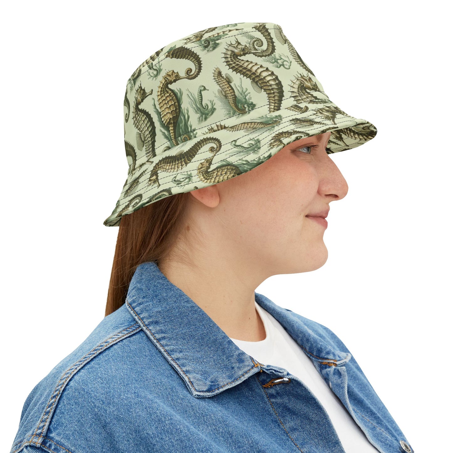 Tropical Polyester Bucket Hat, 2 Sizes - Green Toile Seahorses