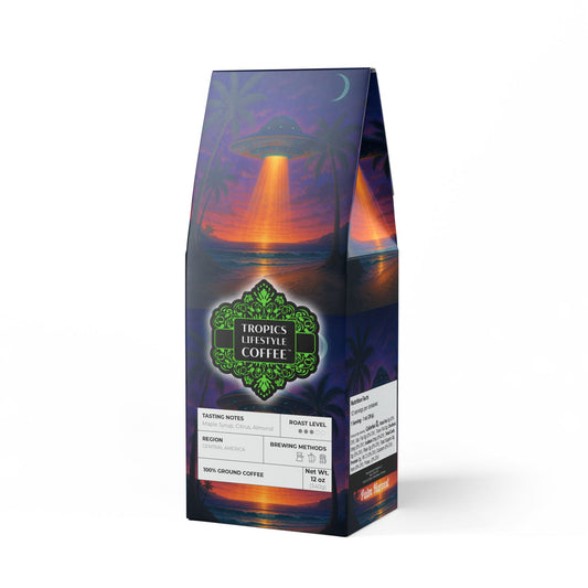Palm Harvest Blend™ (Medium Roast) Specialty Grade Craft Coffee / Beach UFO at Night