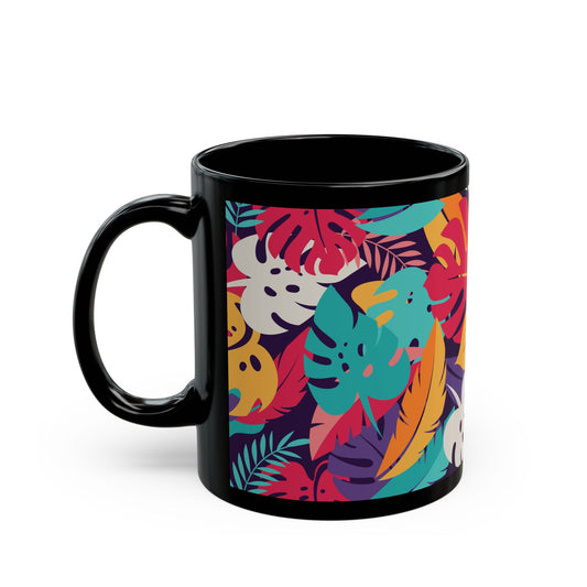 Black Coffee Mug - Colorful Rainforest Leaves