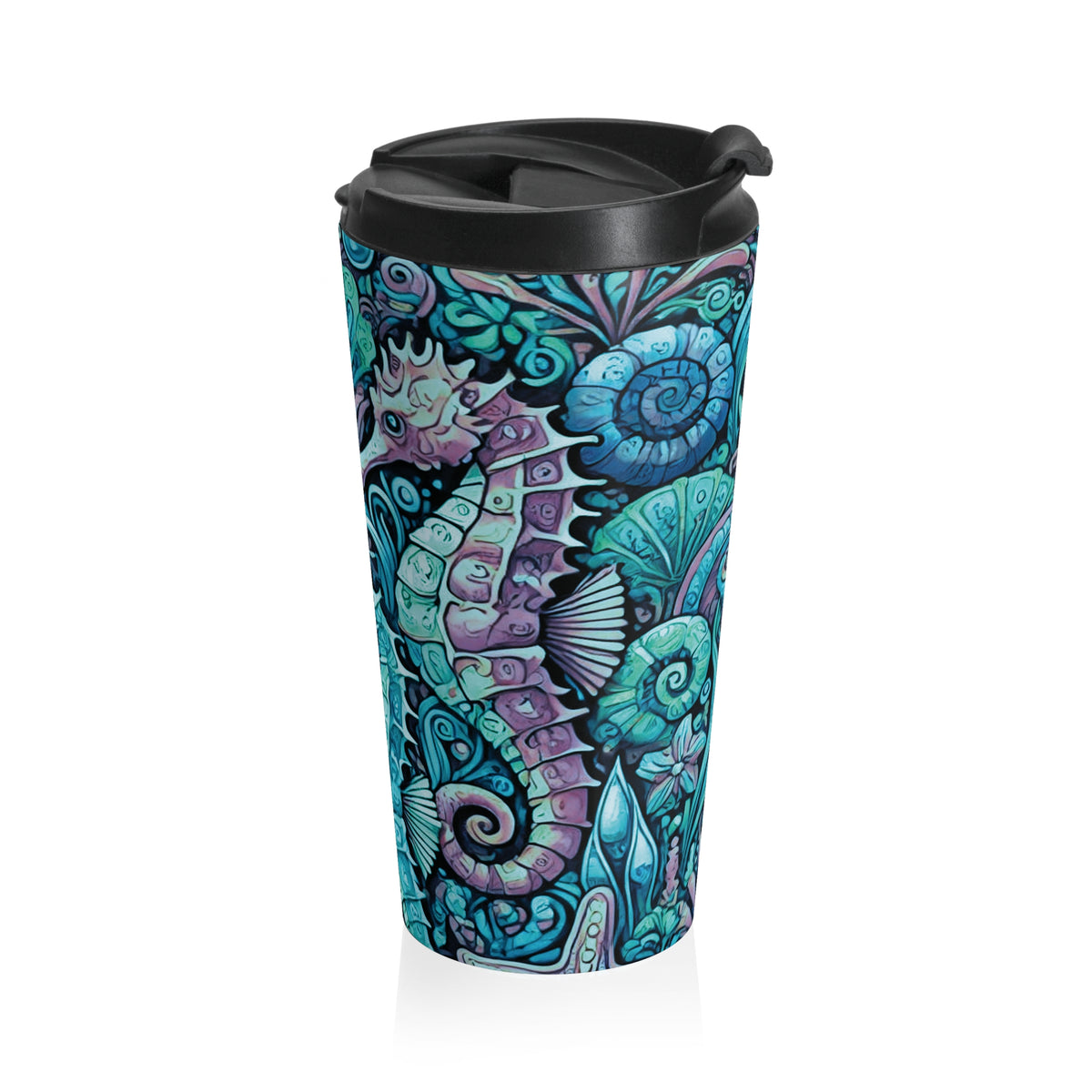 15 oz. Stainless Steel Travel Mug / Seahorse Trio, Turquoise