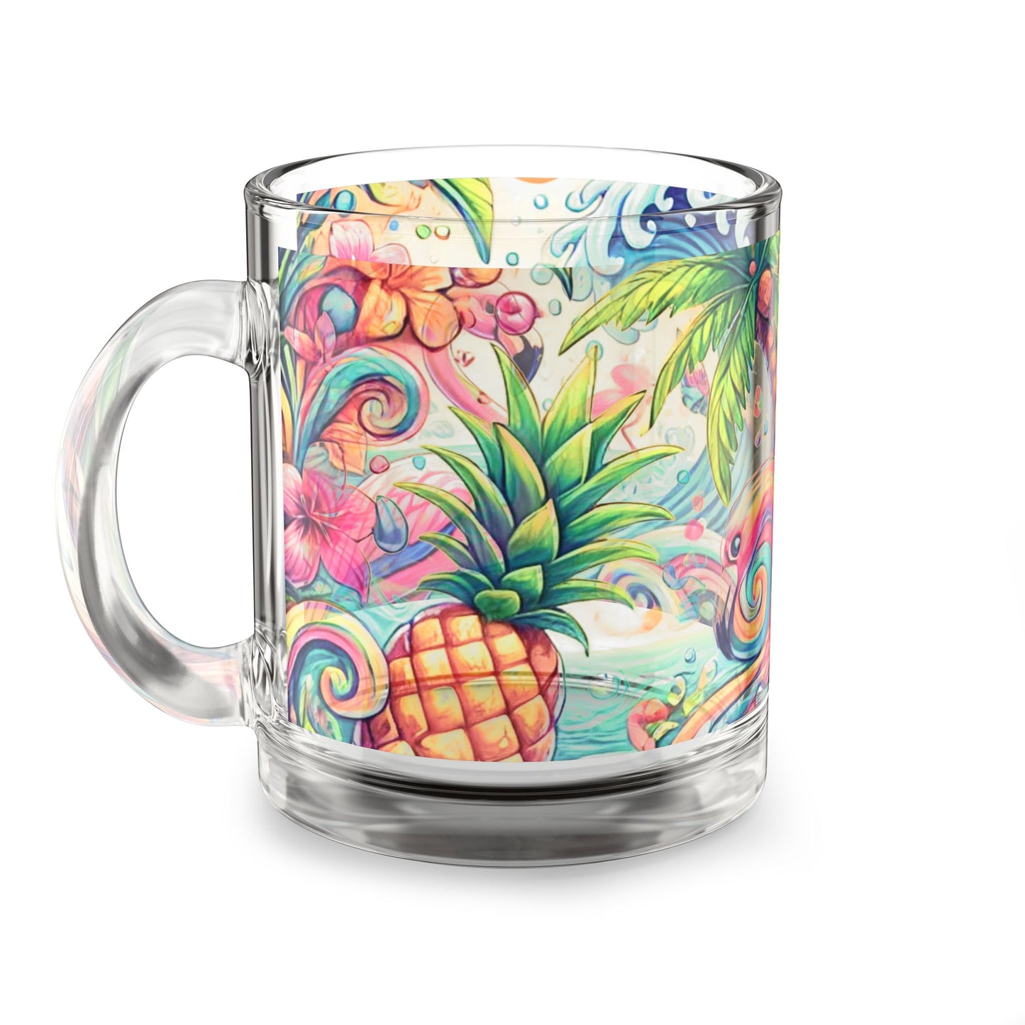 Tropical Glass Mug - 10oz Coffee Cup / Flamingo Waves