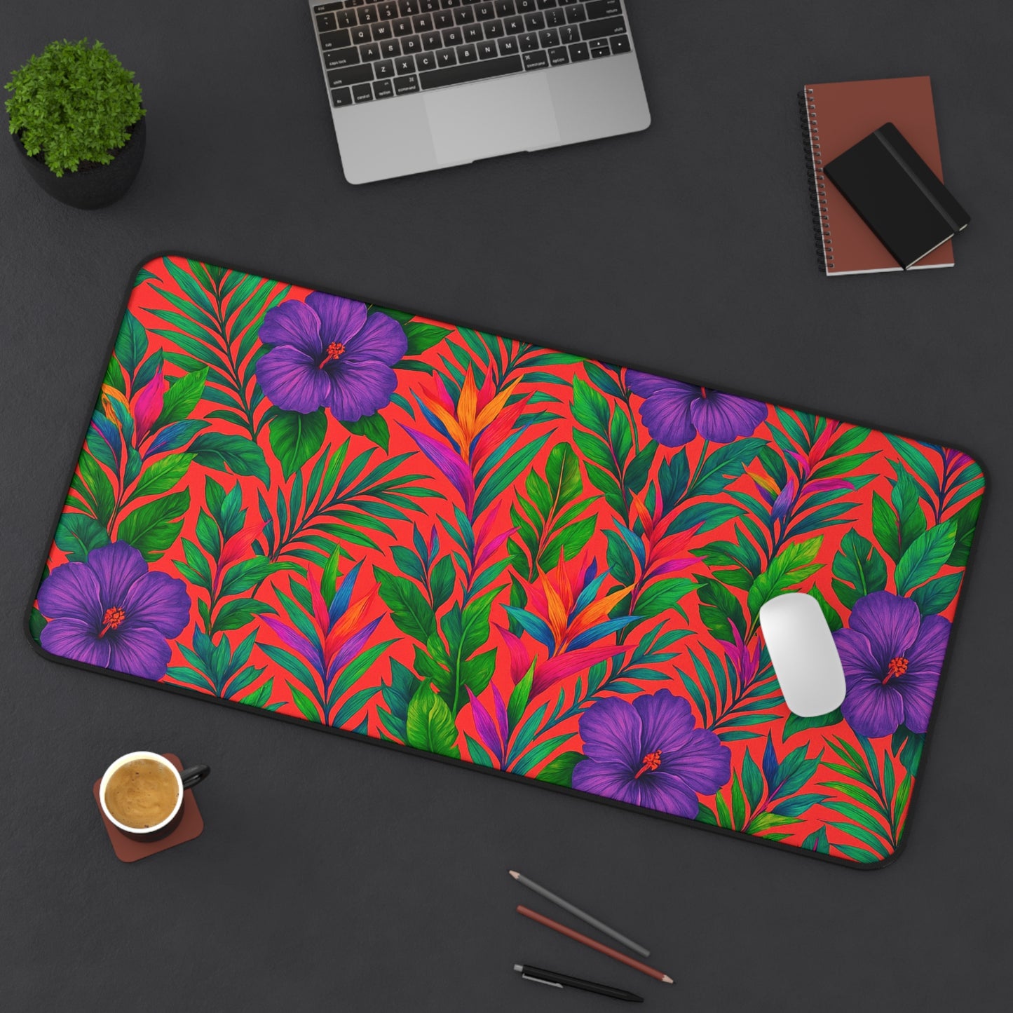 Tropical Paradise Desk Mat, 3 Sizes - Perfect for Home Office - Midnight Flower Coral