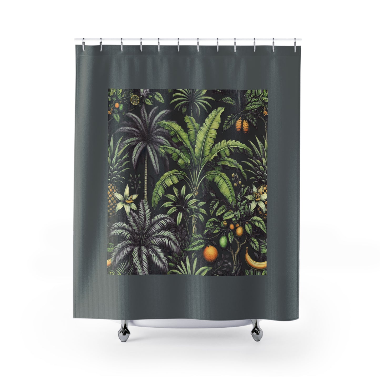 Palm Tree Shower Curtain - Ocean Bathroom Decor / Tropical Fruit, Dark Grey