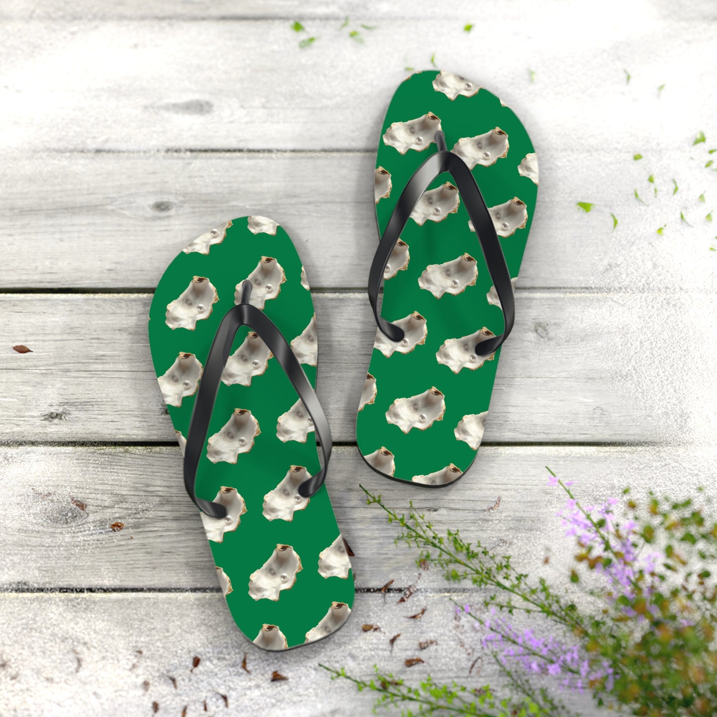 Flip Flops - White Pearl Oyster, dark green