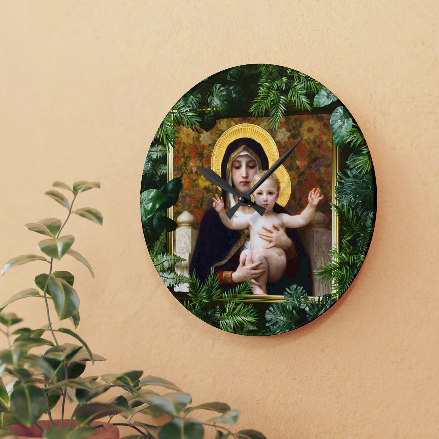 "Tropical Rainforest Madonna of Lilies" Acrylic Wall Clock - Elegant Religious Decor for Home and Office