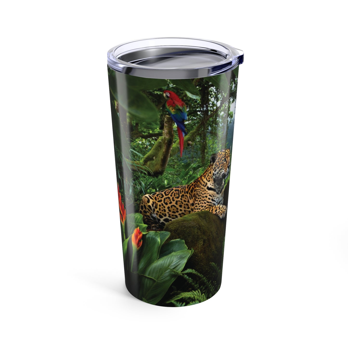 20oz Tropical Glossy Tumbler, Stainless Steel / Jaguars and Parrots