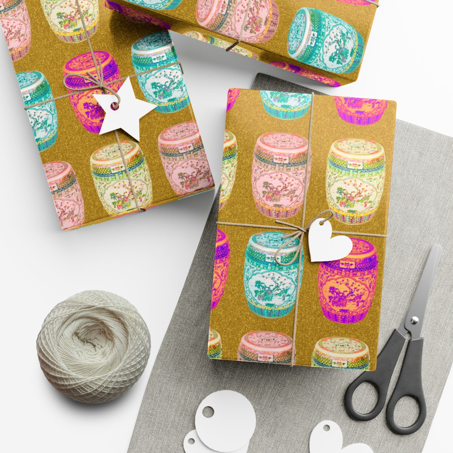 Wrapping Paper - Tropical Gift Wrap for All Occasions / 3 Sizes, 2 Finishes /Pop Art Porcelain Stools, Gold