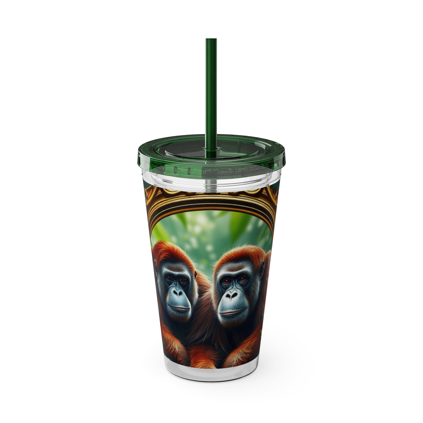 Tropical Tumbler with Straw | 16oz Colorful Travel Cup / Framed Orangutan Apes